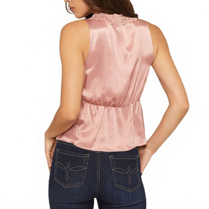 Nuevo Top de Satén con Encaje Personalizado, Cuello en V, Botones, Sin Mangas, Estilo Peplum Casual para Mujer - Product Image 2