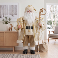 Statue de Père Noël debout de 36 pouces en brocart crème style papal, avec bâton doré et bijoux, cadeau pour hôtel de luxe