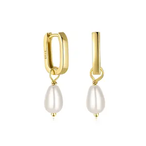 925 Sterling Silver Fine Jewelry Earrings Pearl Drop Pendant Square Shape Gold Plated Hoop Earrings Women