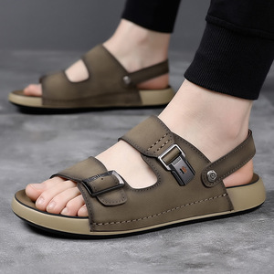 Sandales pour hommes en cuir véritable, à double usage, avec boucle réglable, bout ouvert, chaussures de plage décontractées, antidérapantes - Product Image 1
