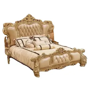Nova Luxury Double-Sized Leather Bed Hand-Carved Gold Oak Solid Wood Headboard European Royal French Bedroom Furniture Queen