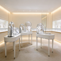 Table de présentation de bijoux de luxe avec vitrine en verre en forme de dôme, solution complète pour boutique, éclairage LED, écologique, piédestal blanc incurvé