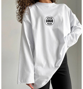 เสื้อยืดโอเวอร์ไซส์แขนยาวผ้าฝ้ายแท้ 100% สำหรับผู้หญิง ทรงสปริง ถักทอ ระบายอากาศได้ดี สีพื้น ขอบดิบ - Product Image 1