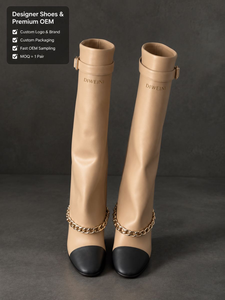 Chaussures de créateur de luxe pour femmes, bottes hautes en cuir beige de haute qualité, Bottes Botas neuves - Product Image 1