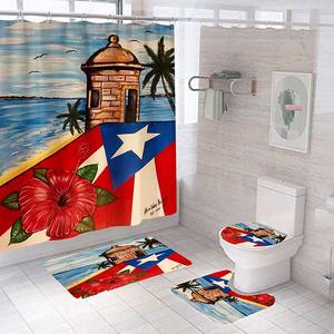 Bandera DE RECUERDO DE Puerto Rico, hibisco, <span class=keywords><strong>gallo</strong></span>, poliéster, impermeable, juego de cortina de ducha de rana con tapa de inodoro, alfombrilla de baño - Product Image 2