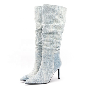 Light Soft Upper Pleated Pointy Toe Women's Boots Thin High Heel <b>Shoes</b> Denim Big Size 46 Knee High Boots - Product Image 1