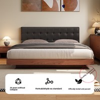 Lit double suspendu au sol en bois de chêne massif et cuir véritable, style vintage
