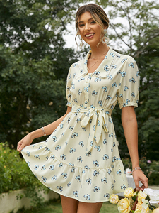 Wholesale New Fashion Summer Floral <strong>Dress</strong> Women <strong>Peasant</strong> Style Fresh Female Simple Print Lace up Short Sleeve <strong>Dress</strong> - Product Image 2