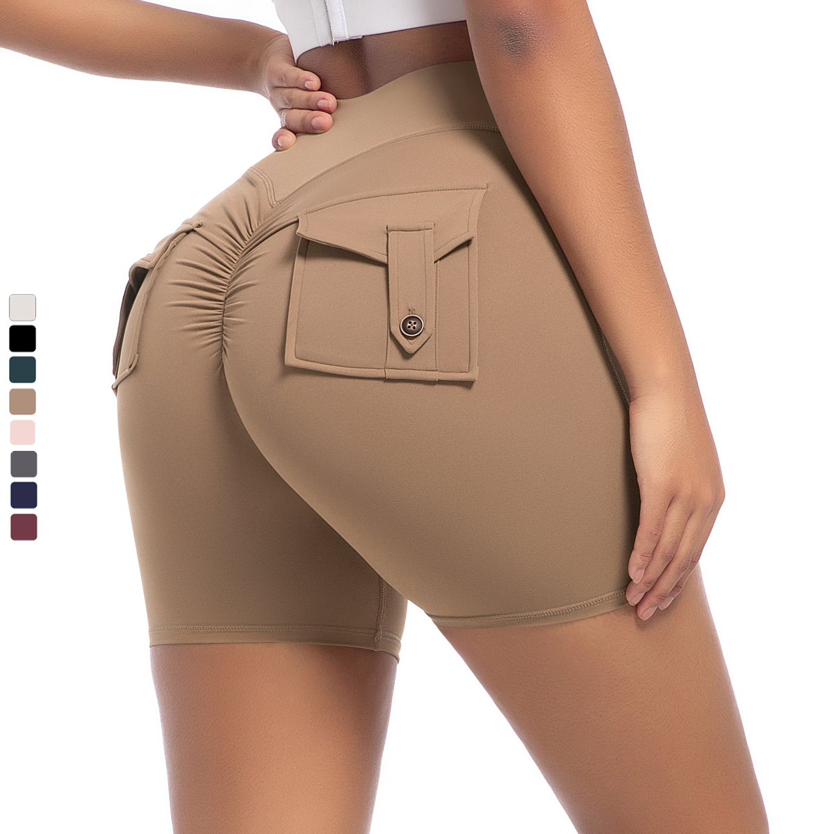 High Waist Solid Active Wear Butt Lift Button Women's Yoga Shorts Pants Back Pockets Breathable Quick Dry Four-Way Stretch