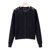 Cardigan à manches longues avec bordure en dentelle et boutons, en maille épaisse et douce, pour tenues d'automne et d'hiver, style décontracté professionnel et hauts pour sorties