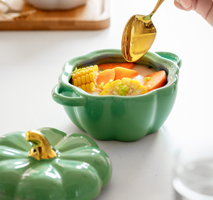 Ensemble de bol de citrouille avec couvercle et poignée Ramequins en céramique pour la cuisson de casseroles Pot de séparation individuel en grès allant au <span class=keywords><strong>four</strong></span> - Product Image 5