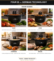 Casserole FourM 26 cm en granit noir antiadhésif, en fonte d'aluminium, avec couvercle en verre trempé, fond en acier inoxydable compatible induction, écologique