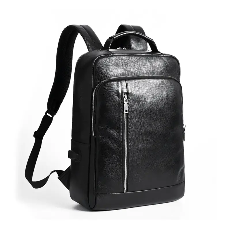 fashion high quality mens black male genuine real cow leather travel laptop backpacks custom with USB Port