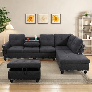 <strong>Gray</strong> L-Shaped Reversible Modular <strong>Sofa</strong> <strong>Bed</strong> Sponge Nail-Head Design Ottoman Storage Modern Villa Living Room Bedroom Apartment Use - Product Image 6