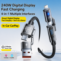 Câble de charge super rapide 4-en-1 tressé bleu foncé 1,5 m 240 W avec affichage numérique multi-ports pour transfert de données iPhone Android Type-C