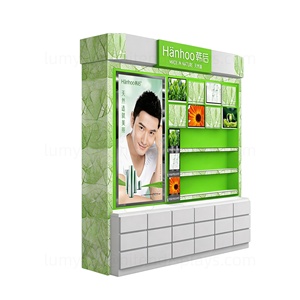 Présentoir en bois personnalisable avec éclairage LED et tiroirs, meuble arrière pour produits de soin, unité de rayonnage pour cosmétiques en magasin - Product Image 2