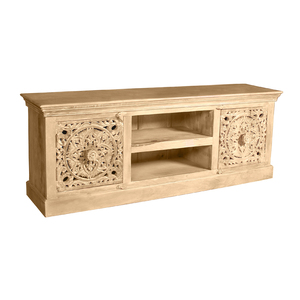 Console TV en bois de manguier massif avec portes Jali sculptées à la main et étagères ouvertes |   Meuble TV rustique bohème - Product Image 2