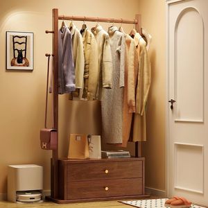 Perchero de madera maciza con cajón de almacenamiento, 60x40x170cm, color nogal, perchero de pie para ropa, para dormitorio y uso doméstico - Product Image 1