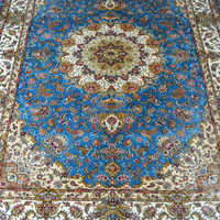 Tapis persan en soie bleue 4x6 fait main, tapis persan noué à la main pour chambre à coucher persane