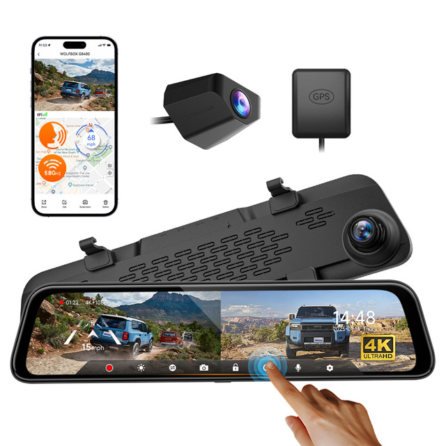 Wolfbox Distributor 4k Front and Rear Full Touch Screen 12 Inch Camera Mirror Dash Cam with Gps Tracking System Without SD Card
