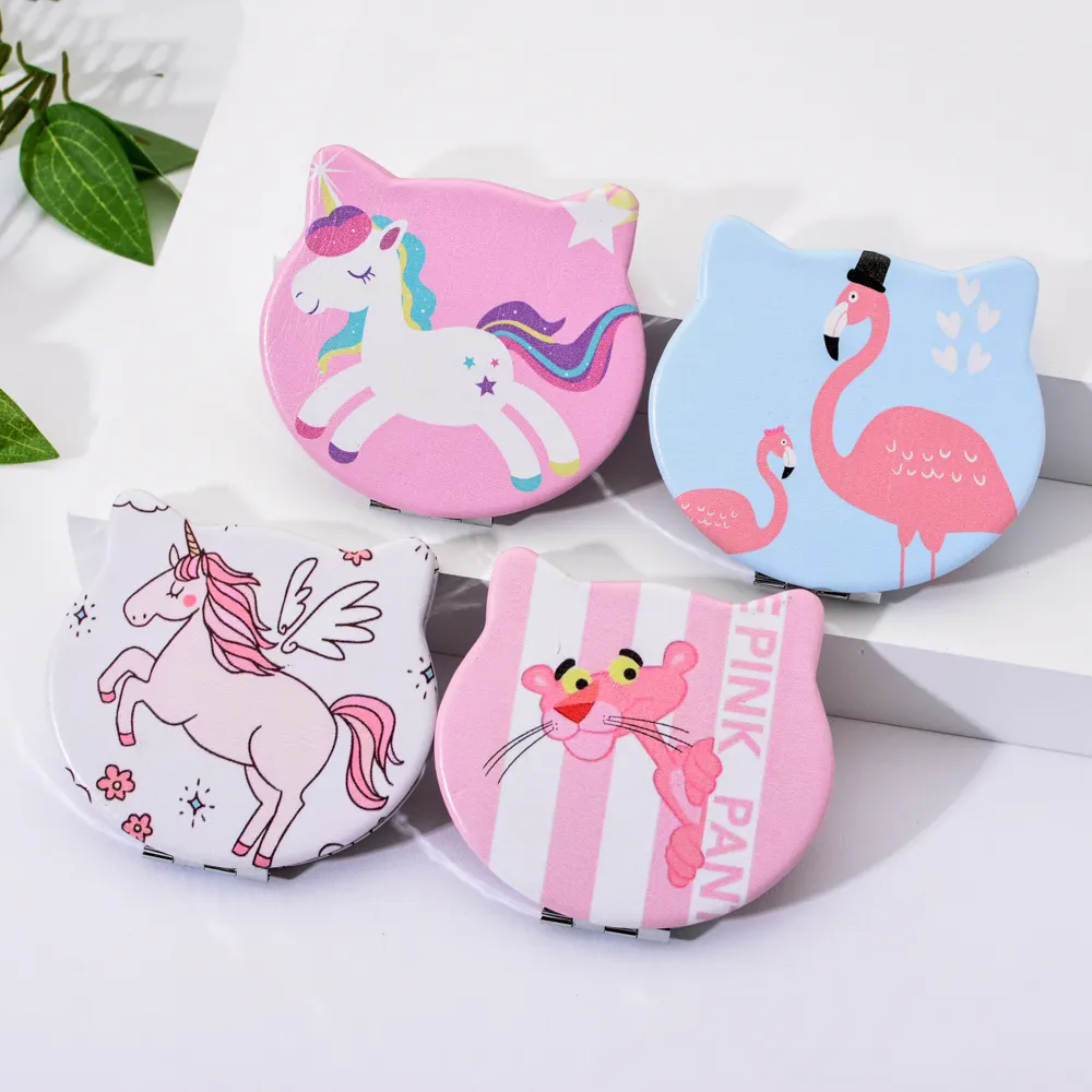 Cermin makeup kulit Pu pink unicorn, kecil portabel bentuk kucing tangan saku cermin