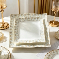 Service de table en céramique de luxe moderne, vaisselle ronde blanche avec incrustations dorées, collection de vaisselle en porcelaine émaillée