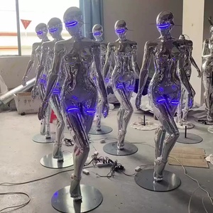 รูปปั้นไซบอร์กโครเมียมขนาดเท่าคนจริง ไฟนีออน LED  วัสดุไฟเบอร์กลาสสีเงินกระจก  รูปปั้นหุ่นยนต์หญิง  สำหรับตกแต่งไนท์คลับ บาร์ - Product Image 5