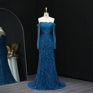 Abito da sera Sharon Said SF519 <span class=keywords><strong>nero</strong></span> in pizzo con spalle scoperte e <span class=keywords><strong>maniche</strong></span> <span class=keywords><strong>lunghe</strong></span> a sirena per donna, abito da ballo arabo per matrimonio - Esaurito - Product Image 1