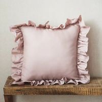 Housse de coussin en lin pur 170 g/m², housse de coussin décorative à volants avec fermeture éclair invisible, taie d'oreiller carrée décorative