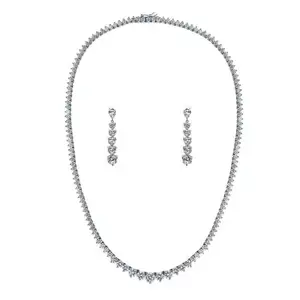 Pong白色CZ声明网球项链和耳环套装925银饰锆石婚礼女式黄铜和古柏经典