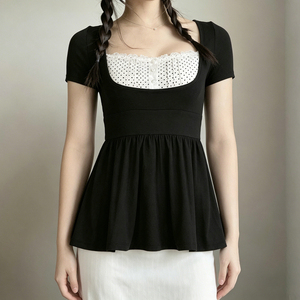 Haut court à manches courtes style français doux, imprimé pois noir et blanc, boutonné sur le devant, avec détail de nœud, patchwork, col carré, mignon et jeune - Product Image 3