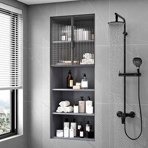 Estante <span class=keywords><strong>de</strong></span> almacenamiento para baño con puerta <span class=keywords><strong>de</strong></span> vidrio moderna, nicho <span class=keywords><strong>de</strong></span> <span class=keywords><strong>pared</strong></span> <span class=keywords><strong>de</strong></span> acero inoxidable montado en la esquina, Partición <span class=keywords><strong>de</strong></span> Metal integrada para inodoro - Product Image 5