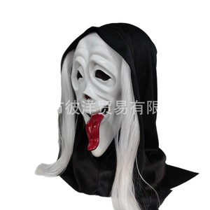 Máscara de Terror Blanca con Pelo Largo y Lengua, Accesorio para Fiesta de Halloween, Material de Emulsión, Máscara Facial - Product Image 5