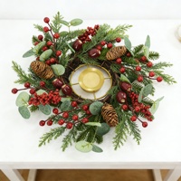 Couronne de Noël porte-bougie 12 pouces avec pommes de pin, baies bleues et feuillage persistant, écologique, faite à la main, centre de table OEM