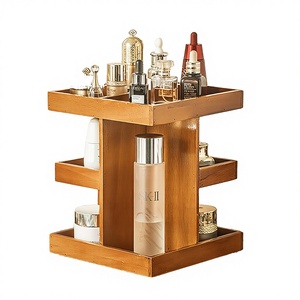Boîte de rangement cosmétique rotative à 360 degrés en bois à trois niveaux, design simple, support pour rouges à lèvres et soins de la peau, multifonctionnel pour bureau - Product Image 2