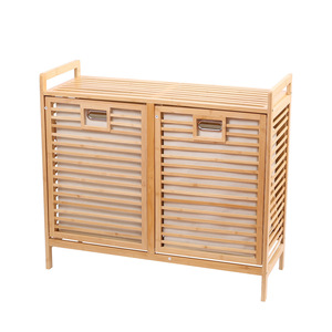 Bamboo Clothing Organizer Storage Cabinet With Slatted Doors And Handles For <b>Laundry</b> Room Use - Product Image 1