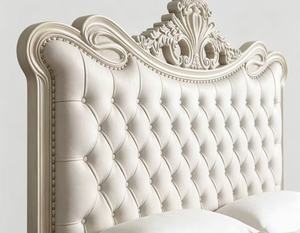 Premium Queen Size Cream Tufted <b>Bed</b> With Ornate Carved Floral Headboard & Nailhead Trim For Luxury Bedroom - Product Image 2