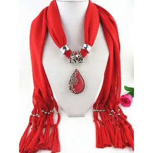 Women Fashion Fringed Pendant Scarf Rose Metal Base Resin Pendant Necklace Scarf