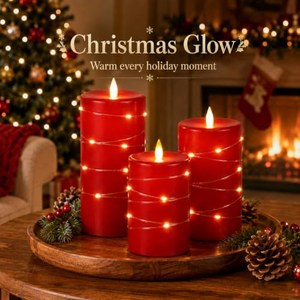 Battery Powered Pillar Real Wax Remote Control Timer 3d Flame Flickering Led <b>Candle</b> <b>Set</b> with Fairy Light for Christmas Decor - Product Image 3
