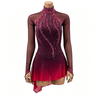 Robe de patinage artistique à col haut et manches longues, dégradé rouge vin avec strass, en tissu mesh pour compétition et spectacle sur glace (adultes et enfants)