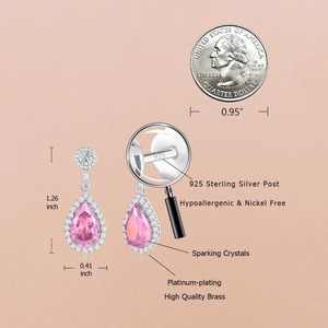 Hypoallergenic Nickel Free Teardrop pink Crystal Dangle <b>Earrings</b> Platinum Plated S925 Silver <b>Post</b> Bridal Party Fine Jewelry - Product Image 4