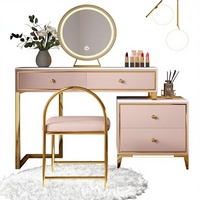Ensemble de coiffeuse de luxe en bois avec pieds dorés à la française, modulaire, multifonctionnel, miroir éclairé réglable, tabouret, écologique, moderne