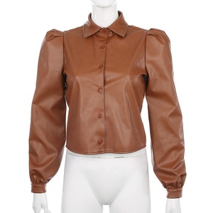 Chemise blanche boutonnée pour femme, haut court à manches ballon, chemisier à manches longues - T-shirt en cuir de vachette pour femme - Product Image 2