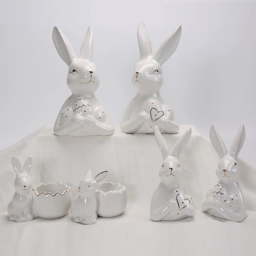 Set patung kecil kelinci keramik putih, Set patung dekorasi rumah Desktop Musim Semi