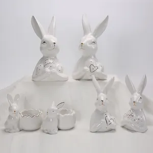 Spring Easter Decor Home Desktop Decor White Ceramic Rabbit Figurines Statue Set