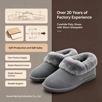 Chaussons plats en cuir de vachette gris avec col en fourrure épaisse, coutures soignées, confortables et respirants pour usage quotidien