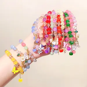 Crianças personalizadas DIY Pulseira De Contas De Vidro Pulseiras De Meninas De Sorte Princesa Cartoon Crystal Flower Wristband Jóias Gift Bracelet