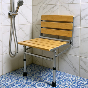 Tabouret de douche pliable en acier inoxydable 33x40x54cm avec siège en bois, chaise de salle de bain réglable à fixation murale - Product Image 1