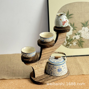 Burnt Paulownia <b>Wood</b> Desktop Storage Shelf <b>Solid</b> <b>Wood</b> Tea Set Holder Display Rack For Teapot Teacups Jianzhan - Product Image 1