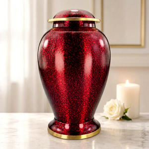 Urna Funeraria Scarlet Ember de Fabricación Directa, Diseño Metálico con Patrón Craquelado, Base y Tapa Doradas, Recuerdo Conmemorativo Decorativo - Product Image 1